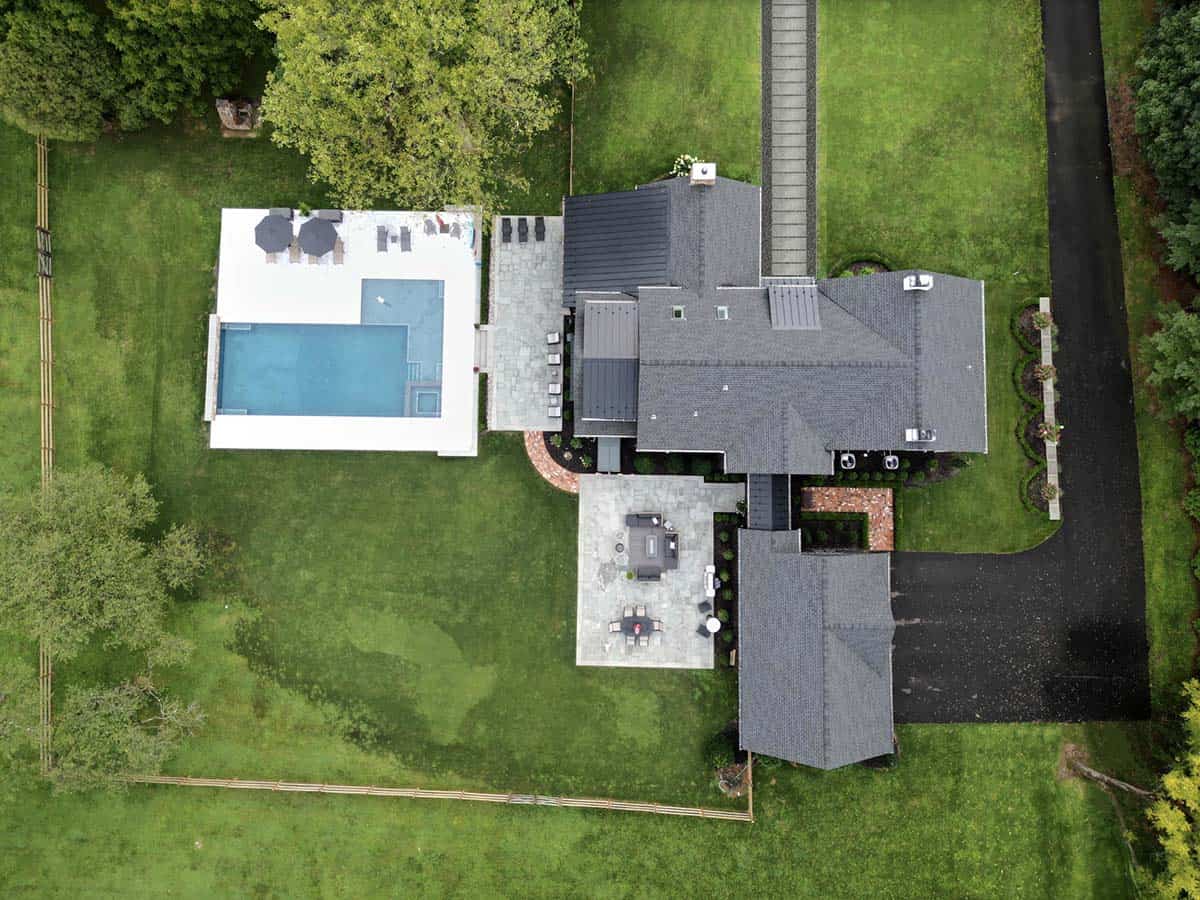 farmhouse home exterior aerial view