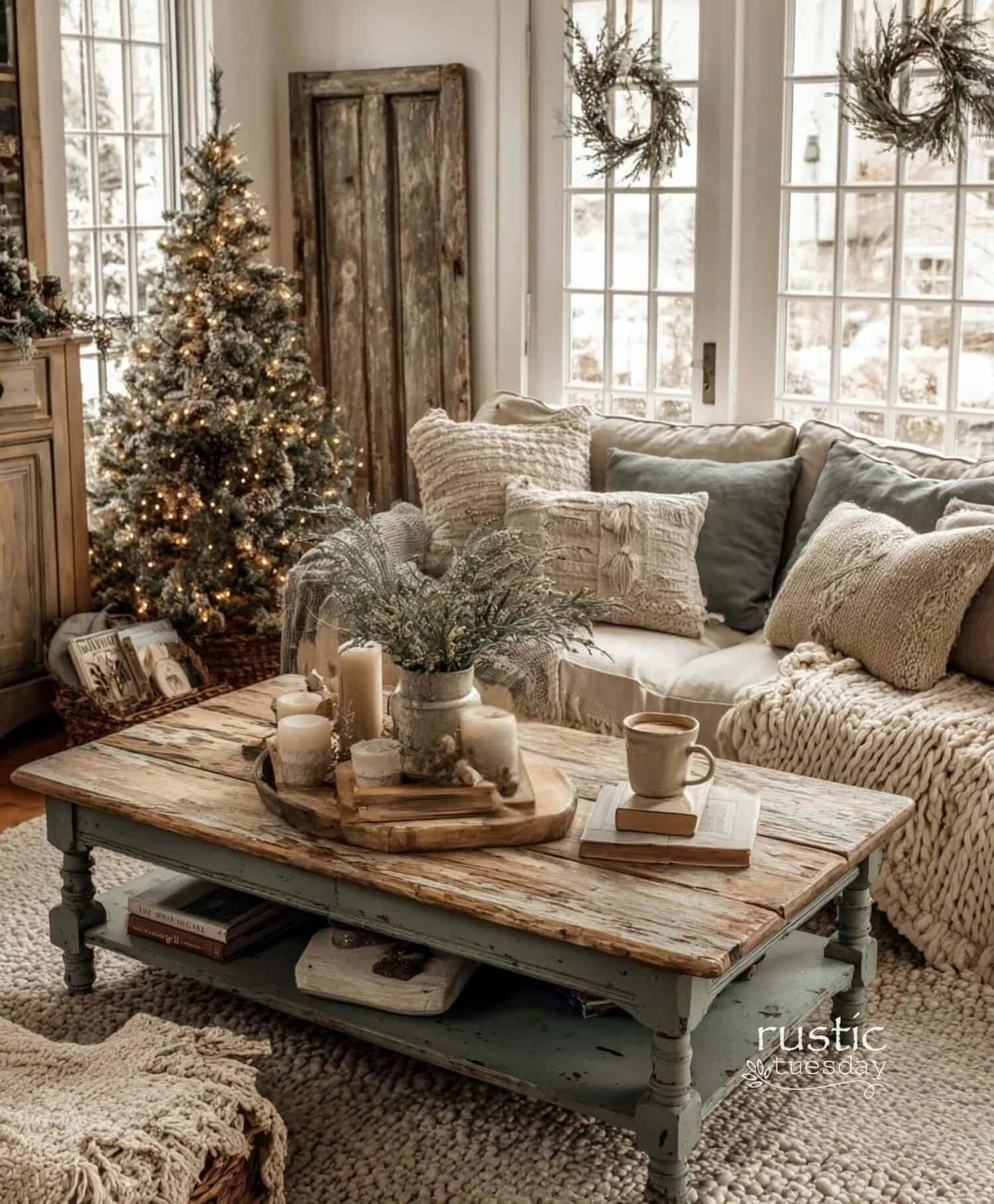 living room with christmas decor and a tray on the coffee table