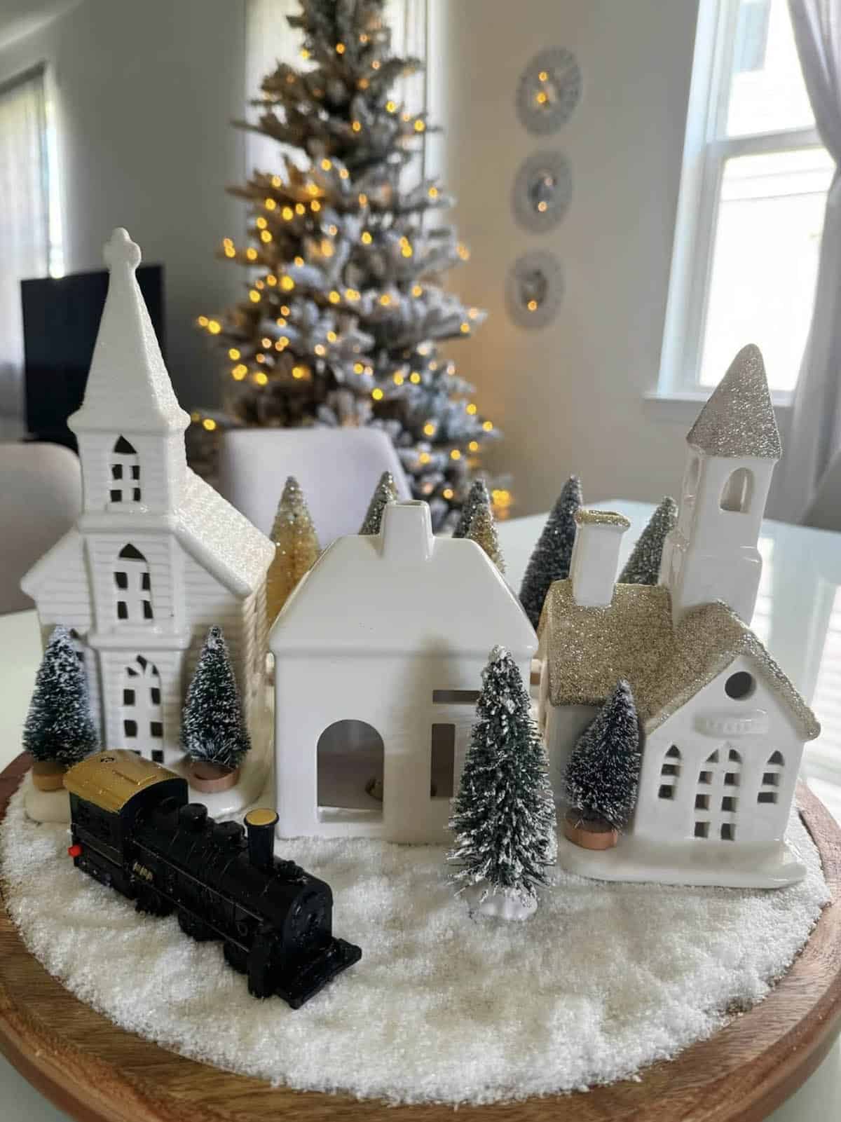 tray with a christmas village