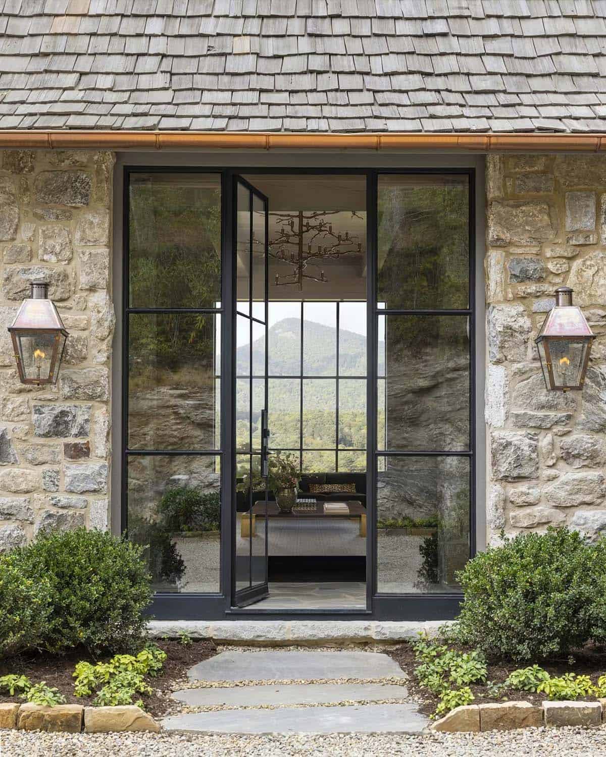 refined rustic mountain house exterior entry