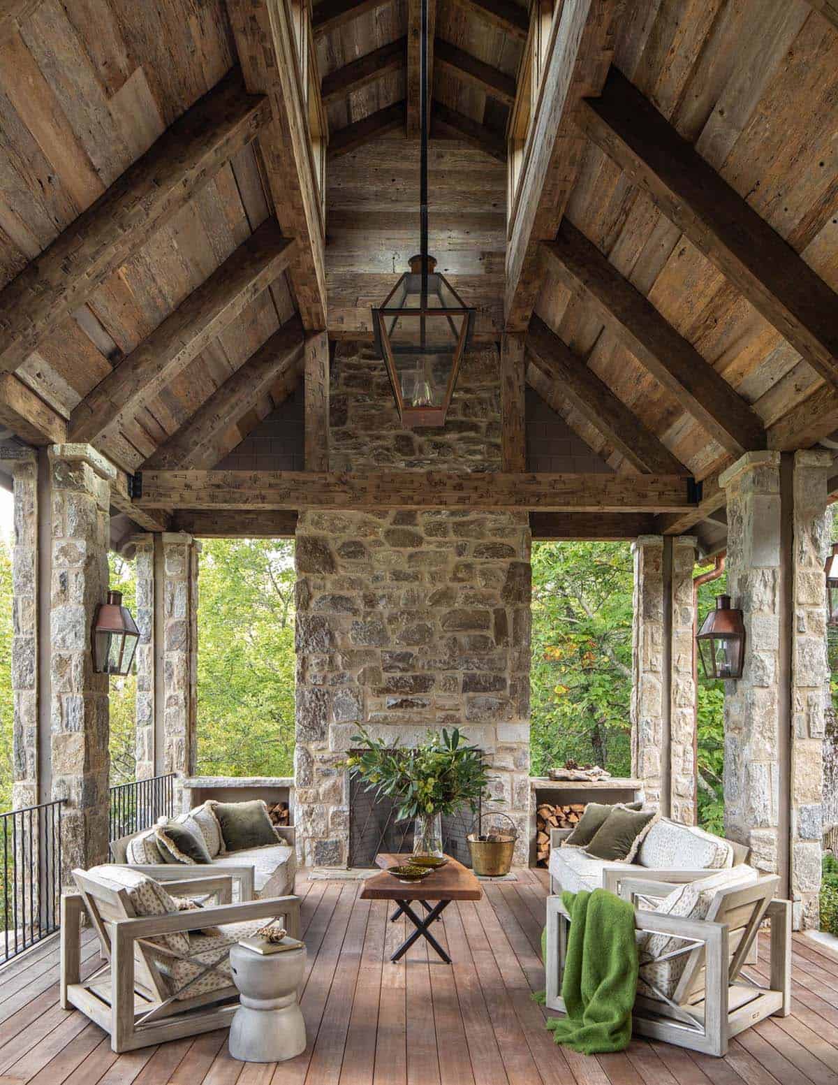 refined rustic covered porch with outdoor furniture