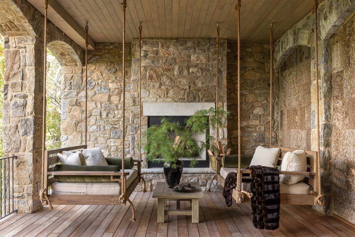 refined rustic covered porch with outdoor furniture