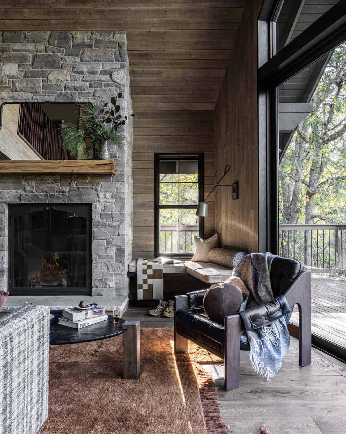 rustic living room with a fireplace