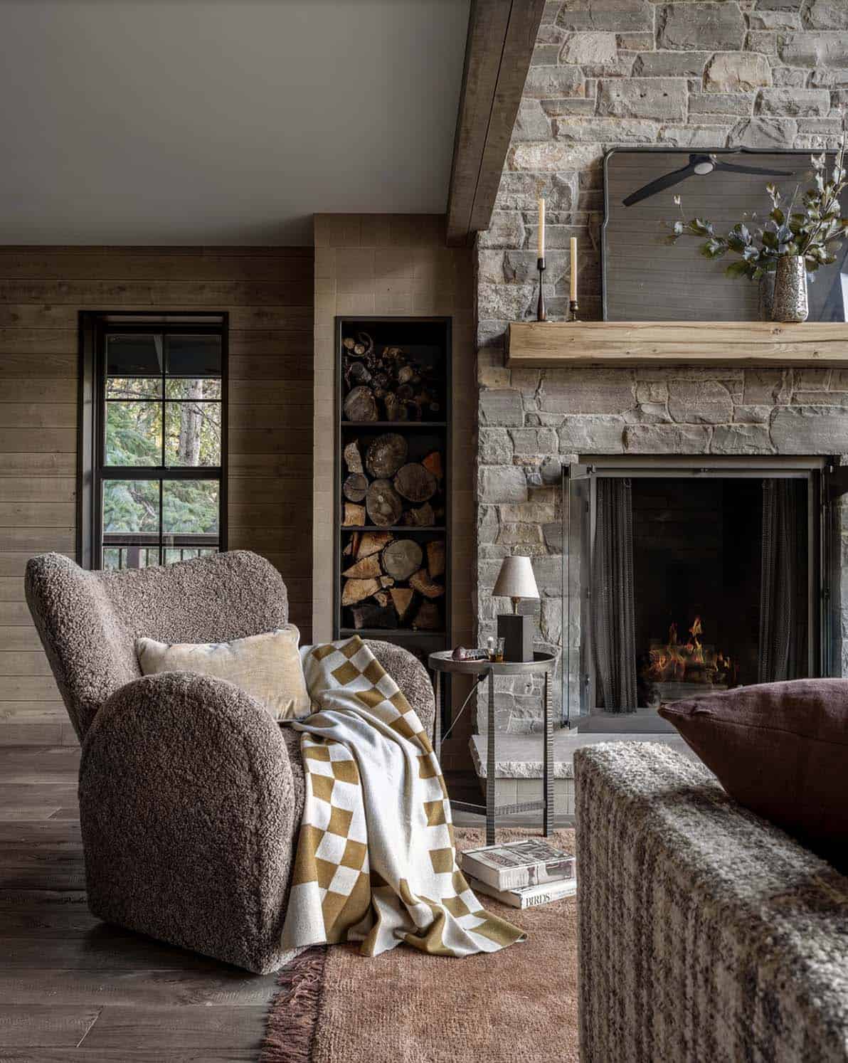 rustic living room with a fireplace