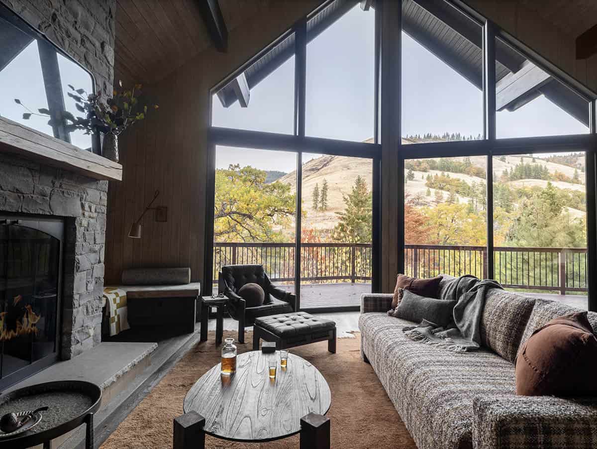 rustic living room with a large window