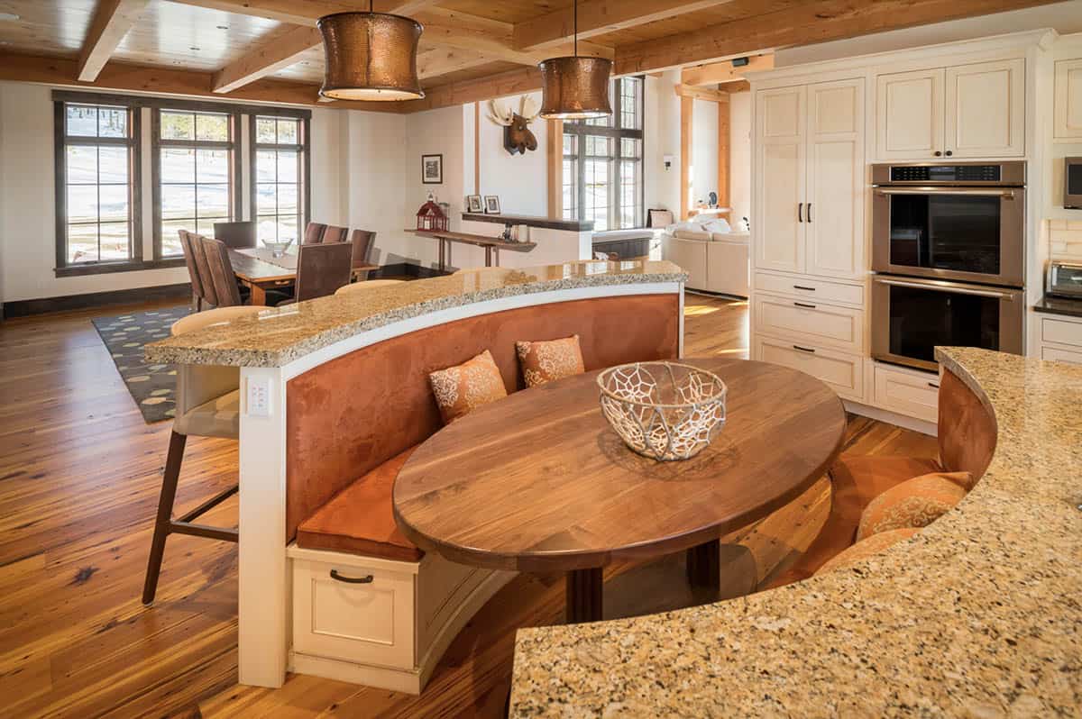 rustic kitchen with a built-in dining banquette