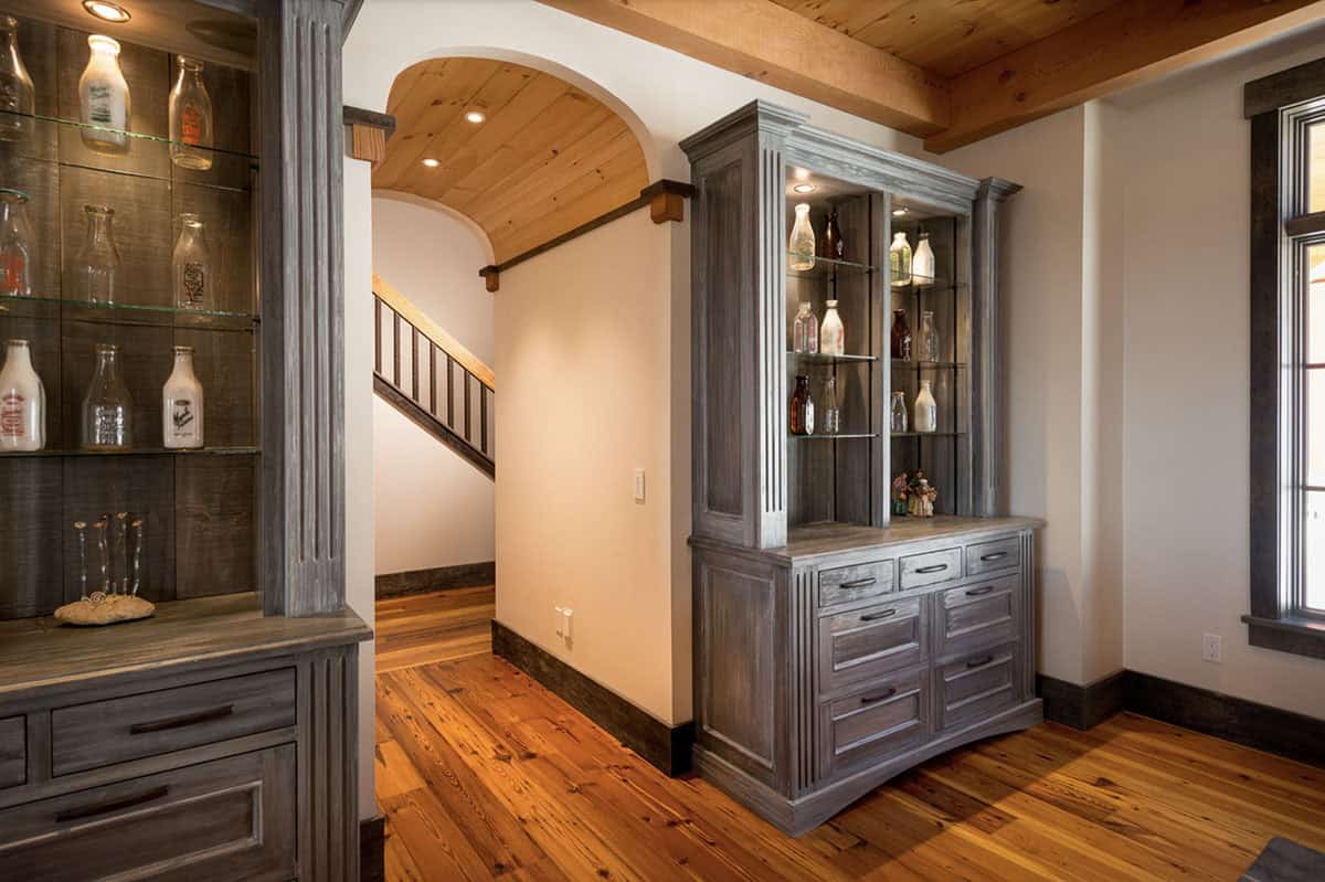 rustic dining room with built-in buffets