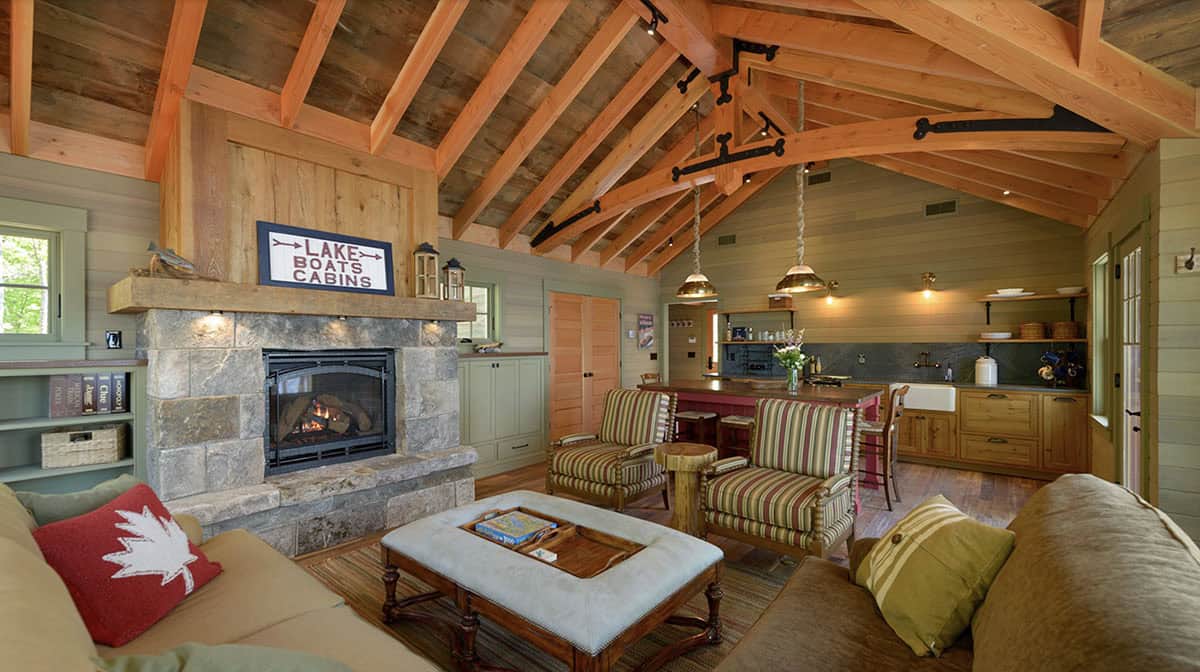 rustic family room with a fireplace