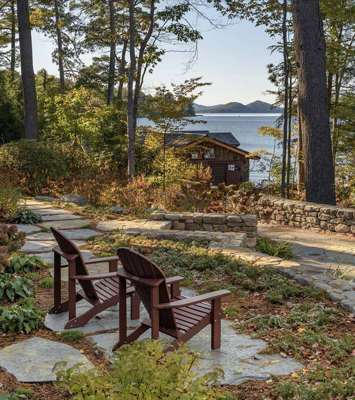 rustic lake house exterior patio with chairs
