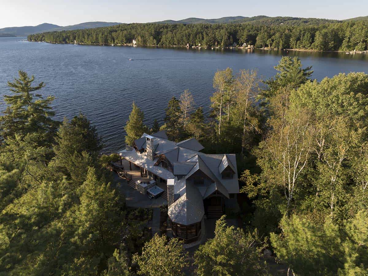 timber frame home exterior aerial view