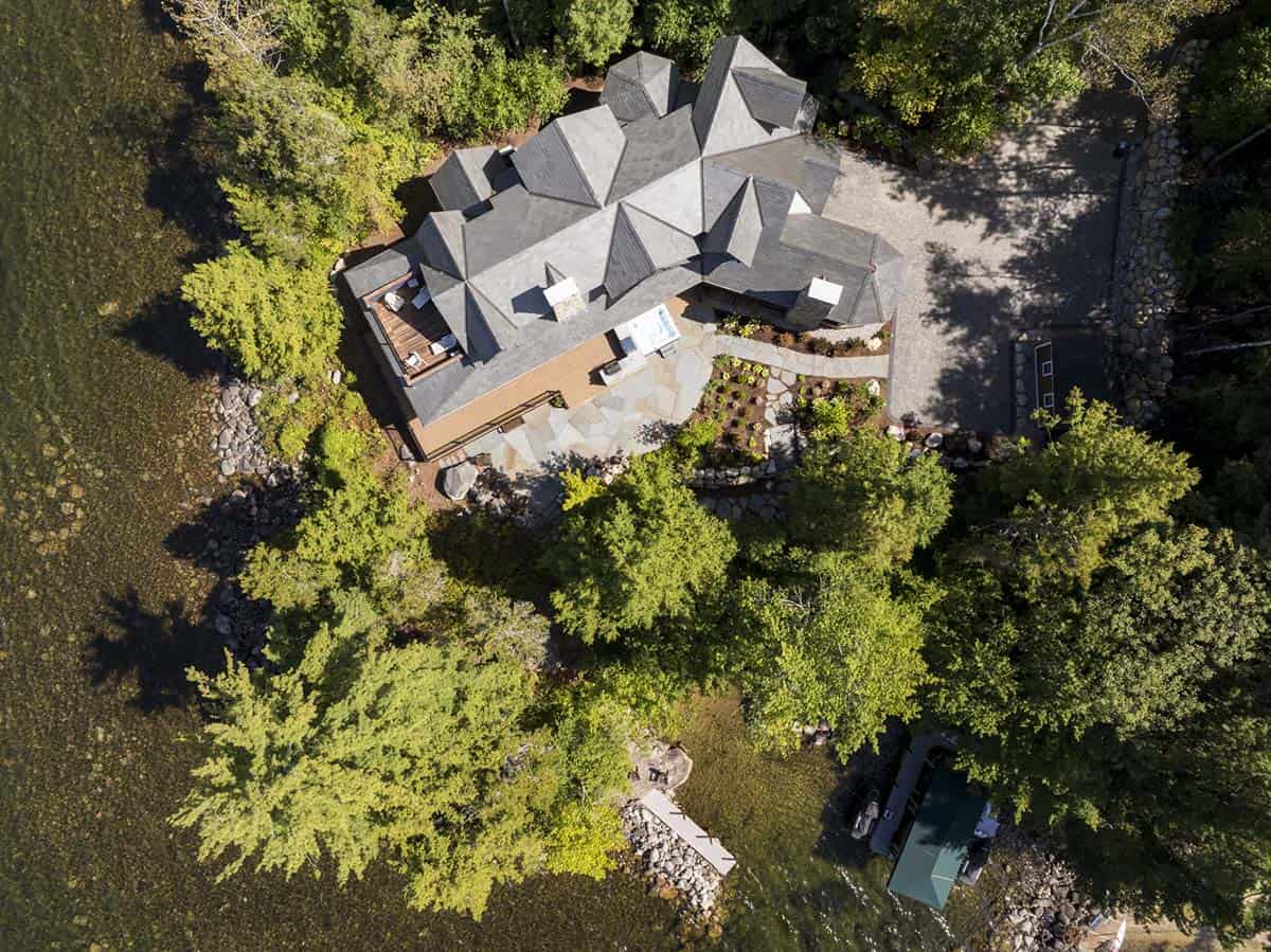 timber frame home exterior aerial view