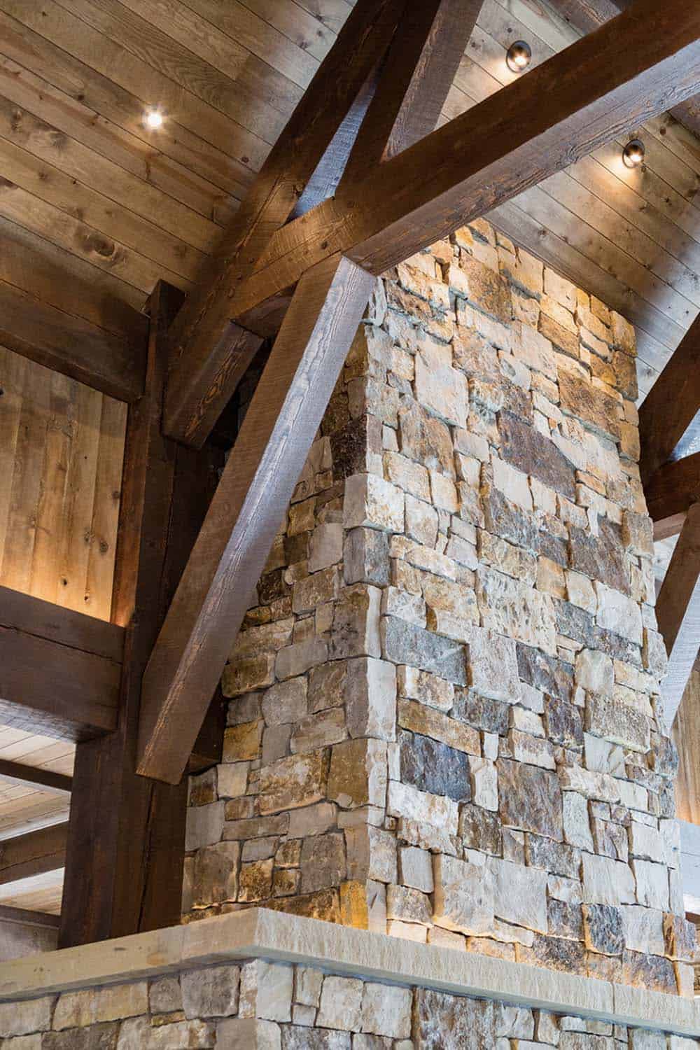 rustic living room ceiling and fireplace detail