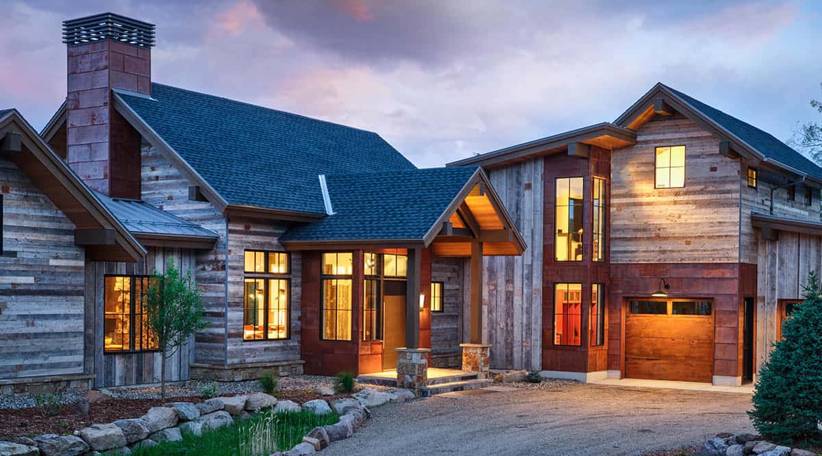 mountain home exterior at dusk