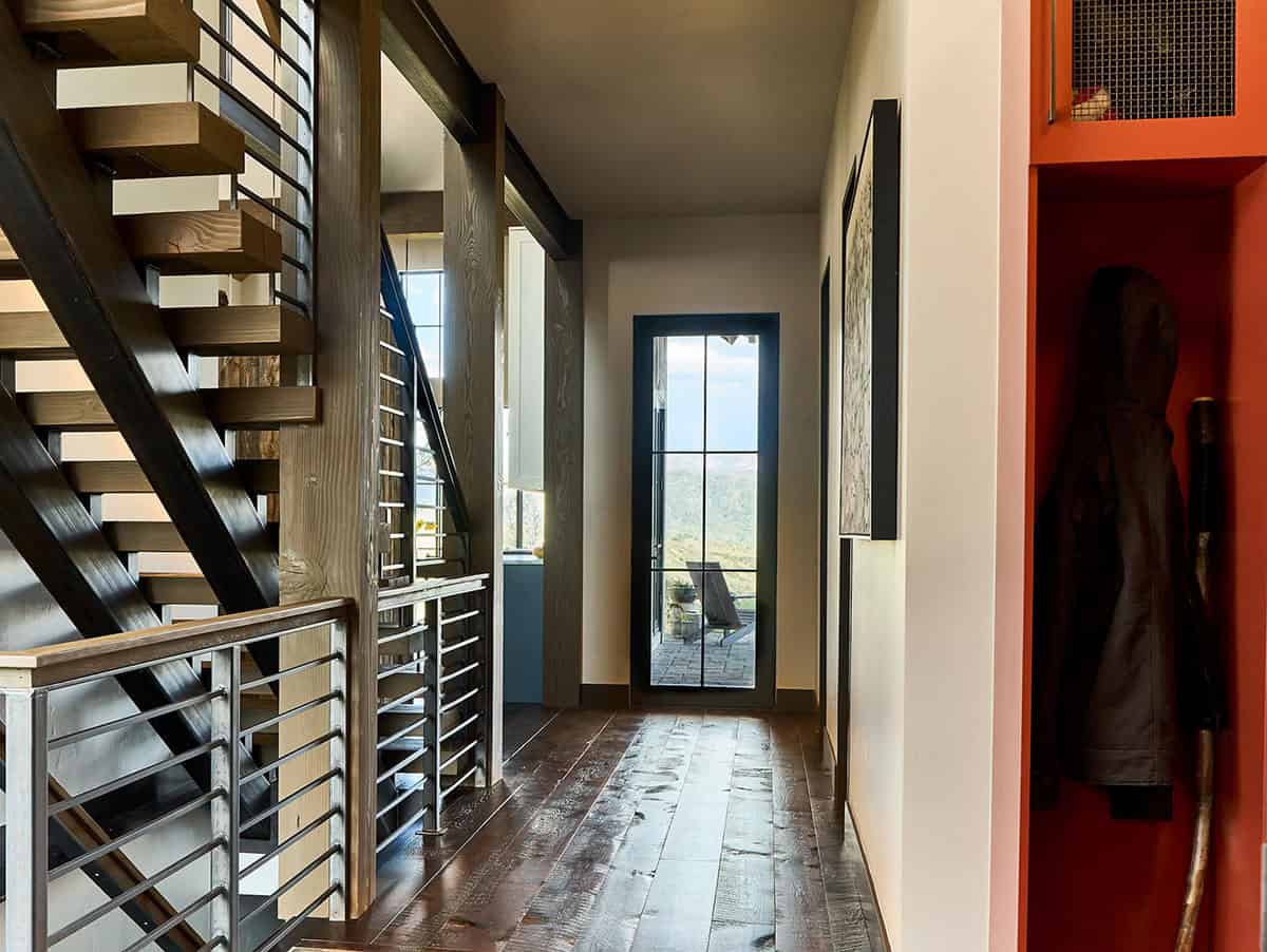 modern rustic hallway with a staircase