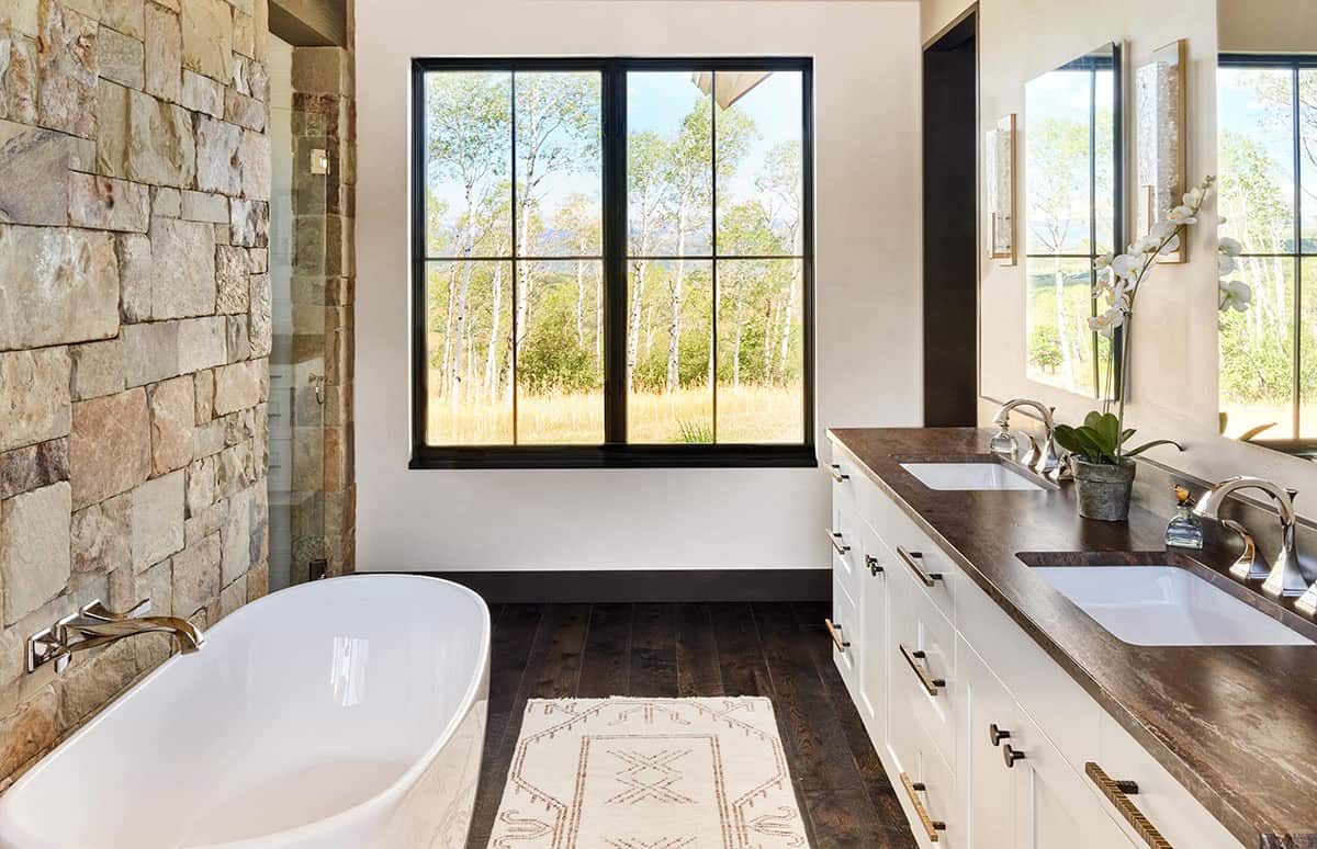 modern rustic bathroom vanity and freestanding tub