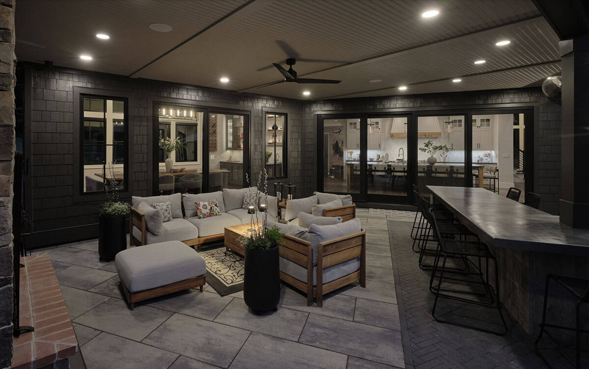 rustic modern house exterior patio at dusk