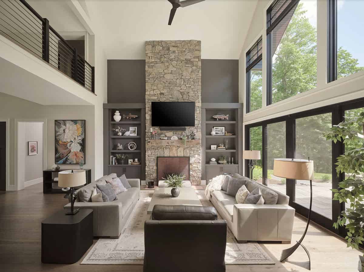 rustic modern living room with a fireplace