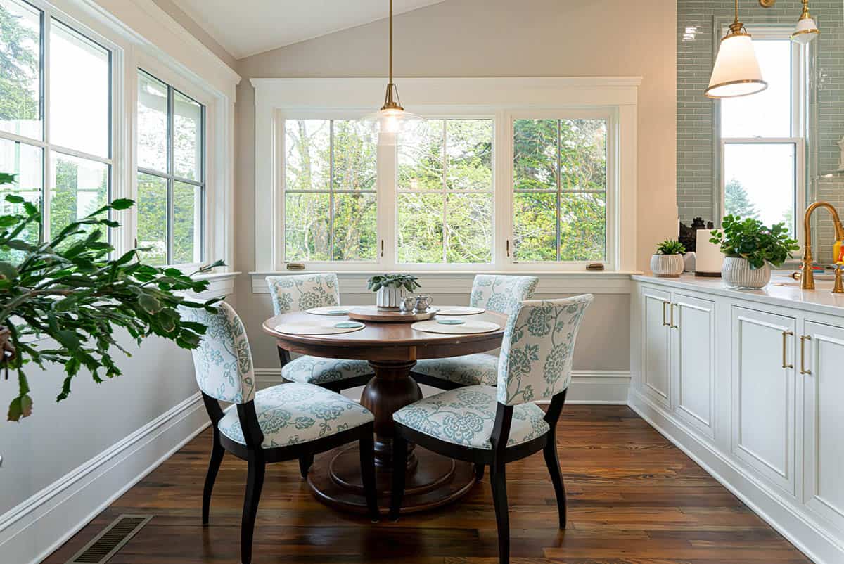 farmhouse style kitchen breakfast nook with windows