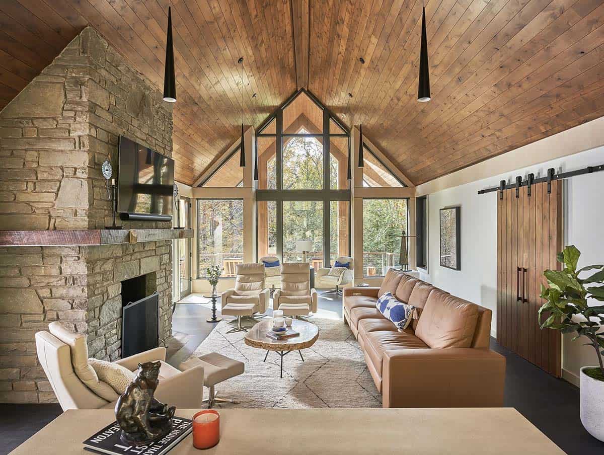 rustic modern living room with a fireplace