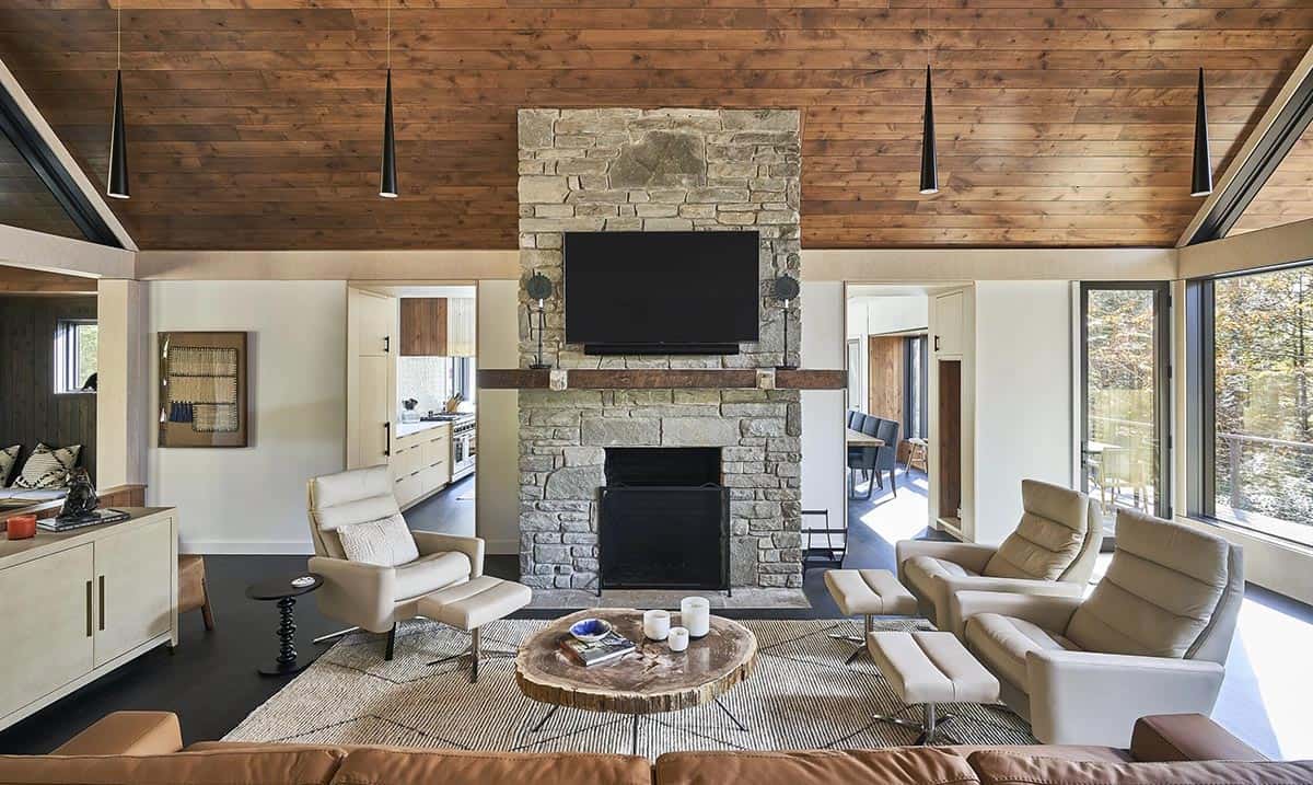 rustic modern living room with a fireplace