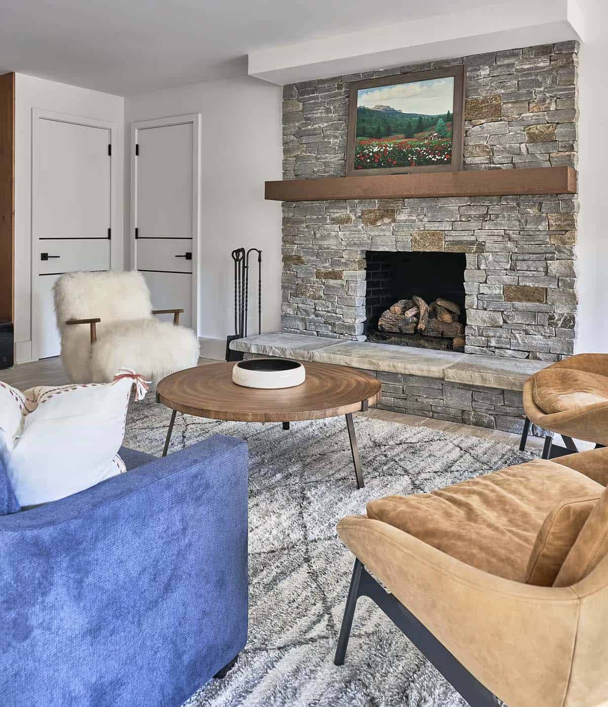 rustic modern family room with a fireplace