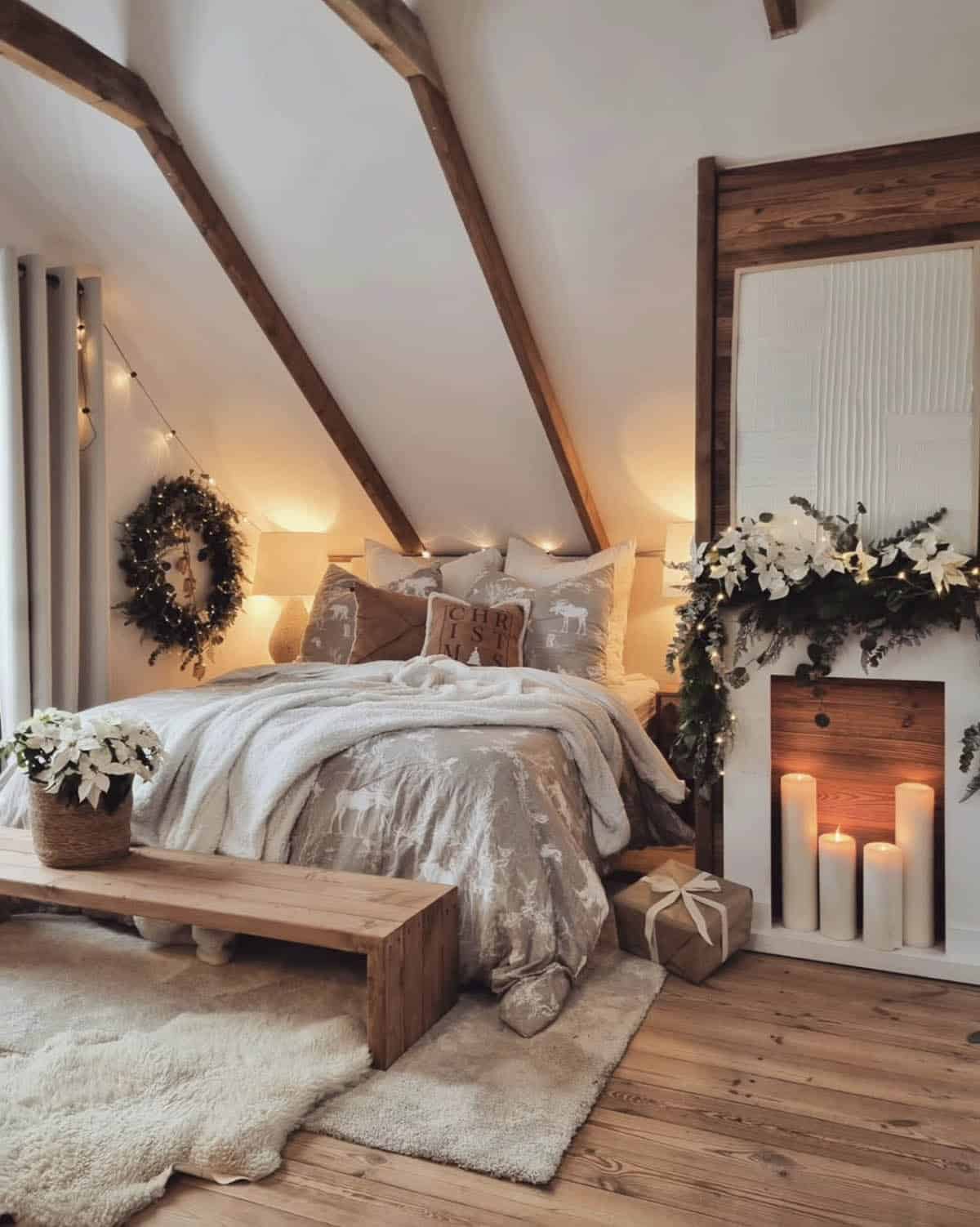 cozy christmas decorated bedroom with a fireplace
