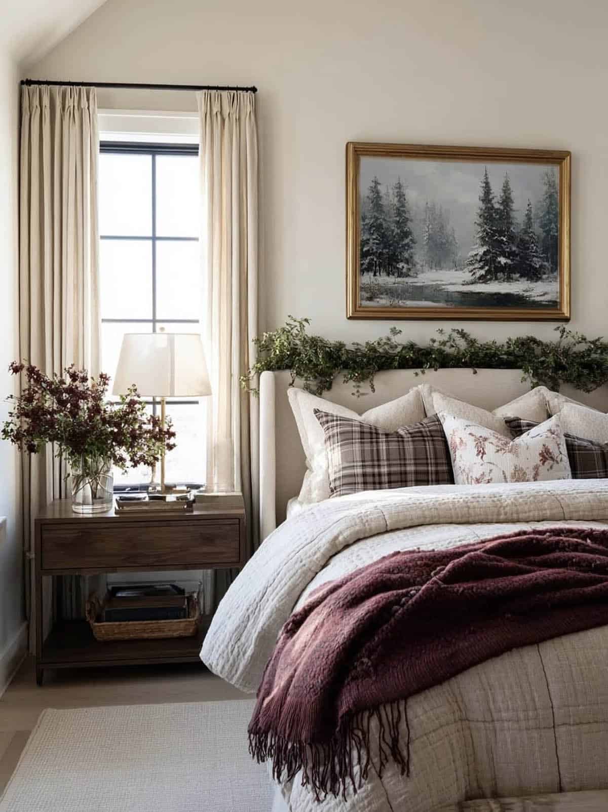 cozy christmas bedroom decor with garland and and layers of bedding