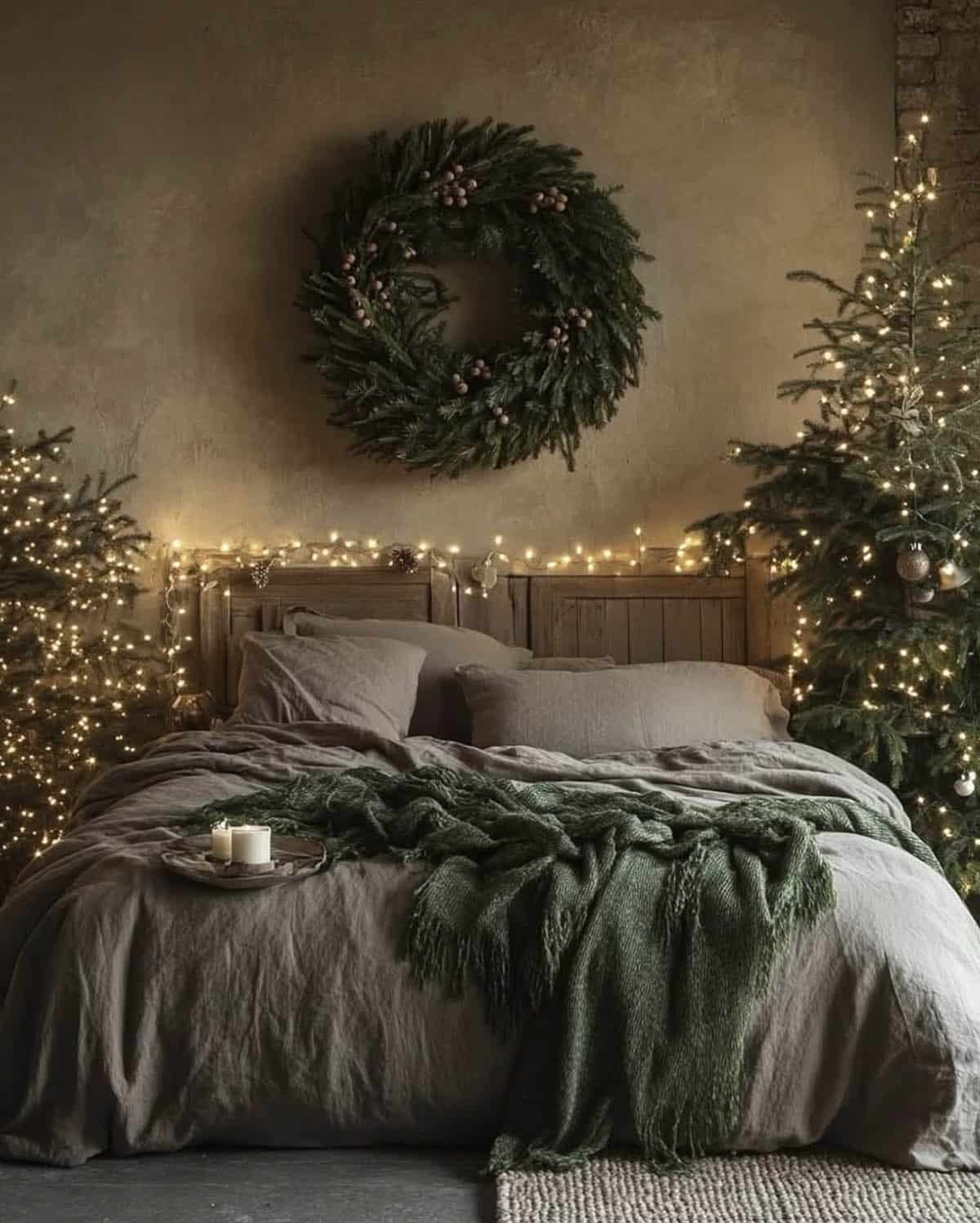 cozy christmas decorated bedroom with trees, garland and a wreath