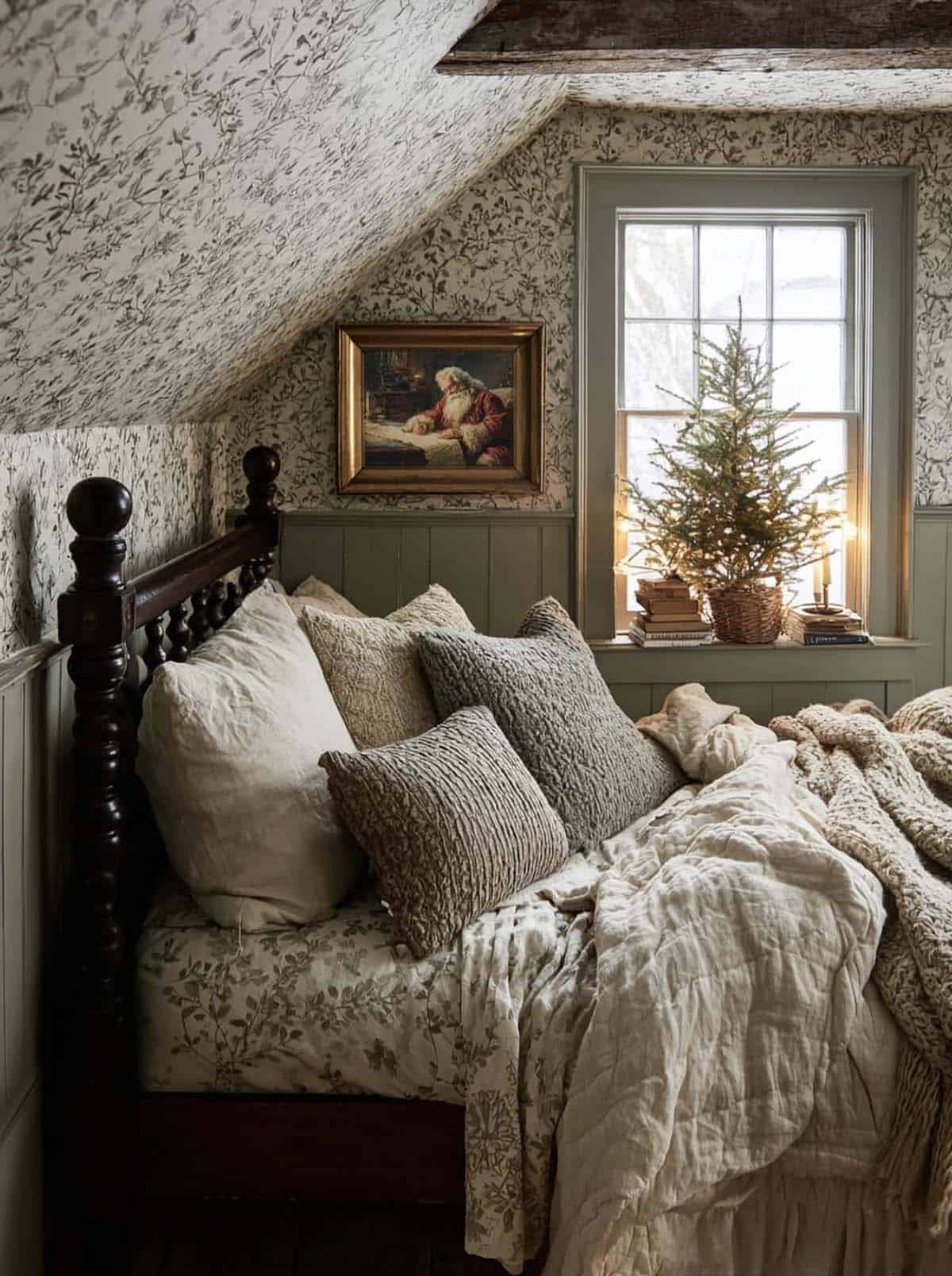 cozy christmas bedroom decor with layers of bedding and a small tree