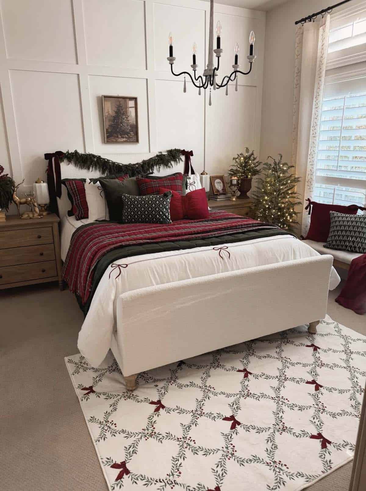 cozy christmas bedroom decor with garland and a holiday rug
