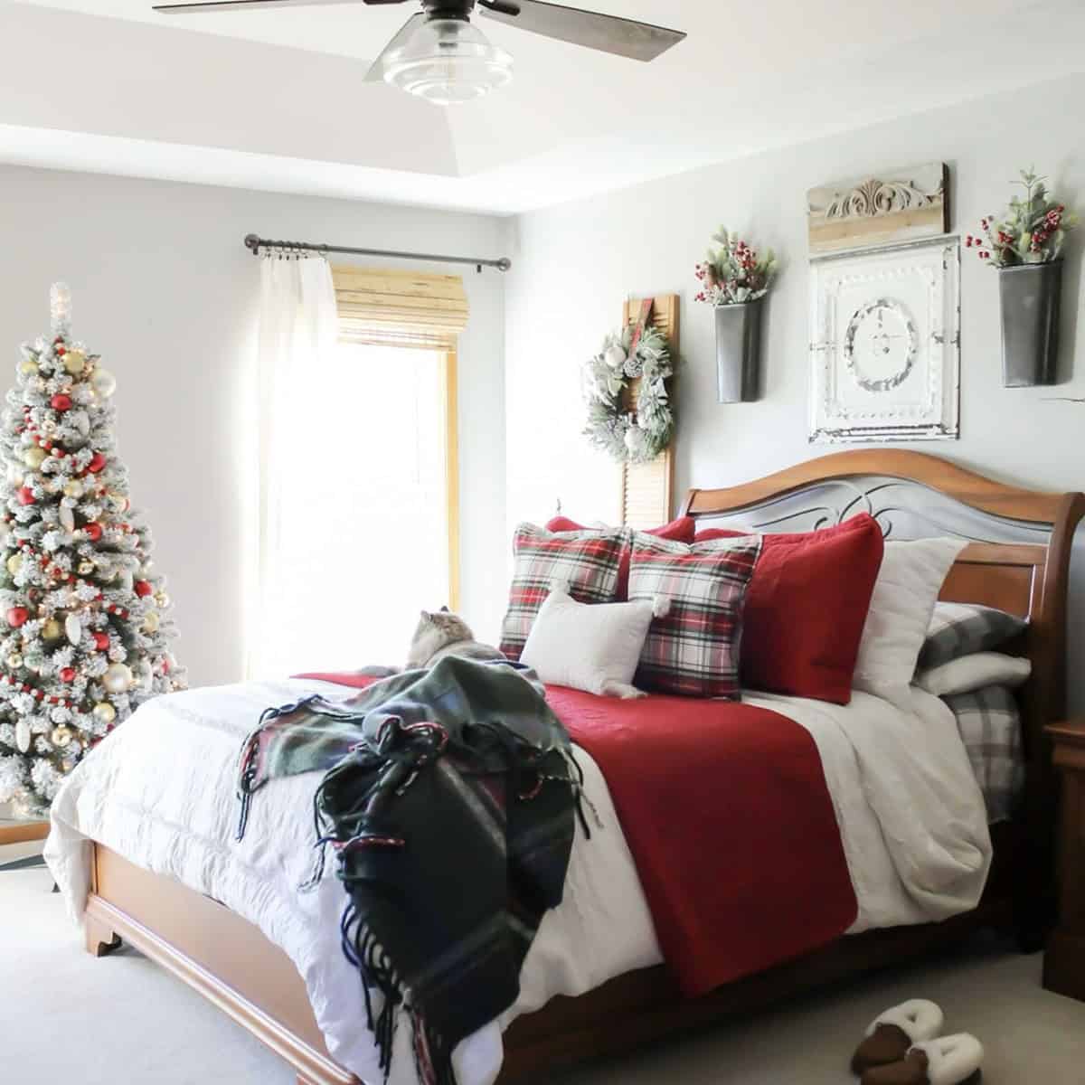 cozy christmas bedroom decor with a tree