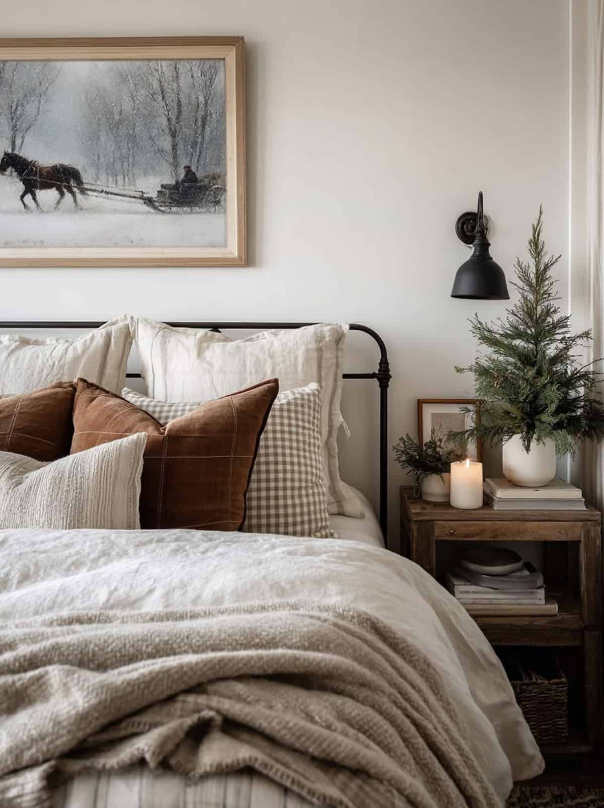 cozy christmas bedroom decor with artwork