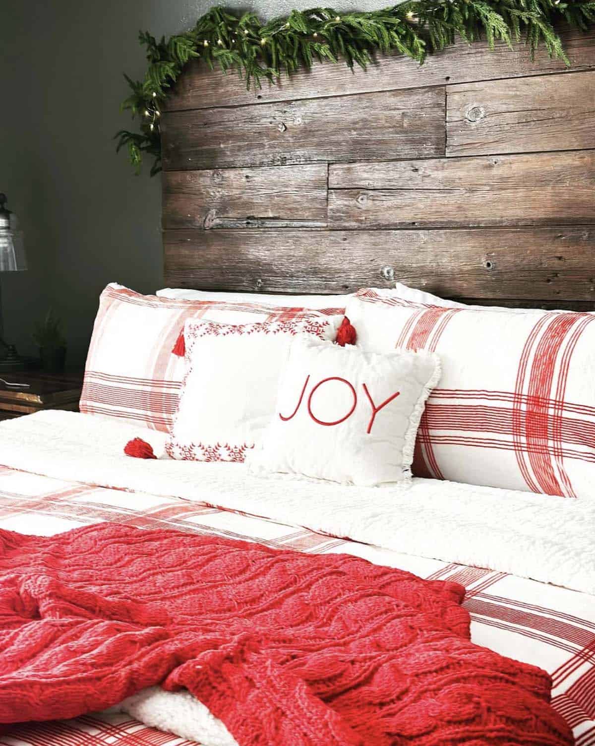 cozy christmas bedroom decor with a red and white theme