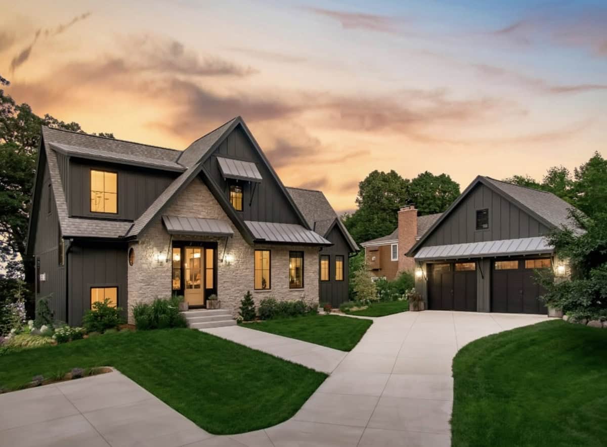 contemporary lake house exterior at dusk