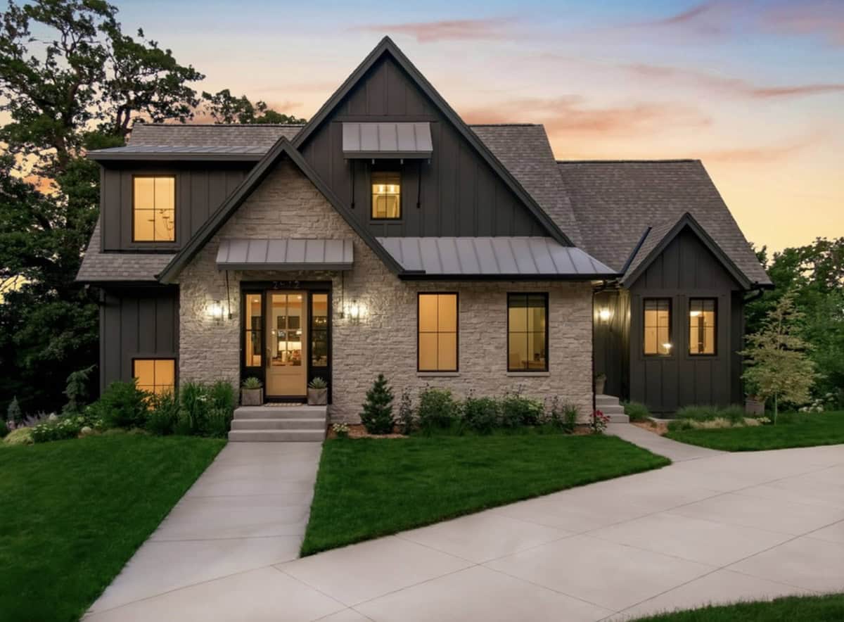 contemporary lake house exterior at dusk