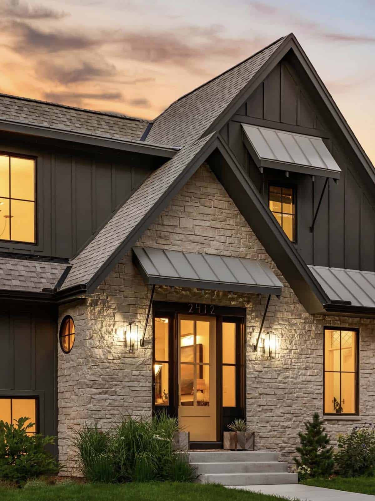 contemporary lake house exterior at dusk