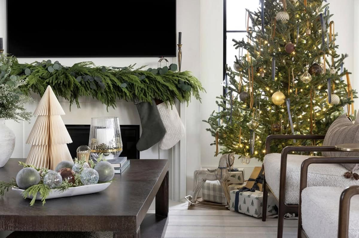 contemporary living room decorated for christmas