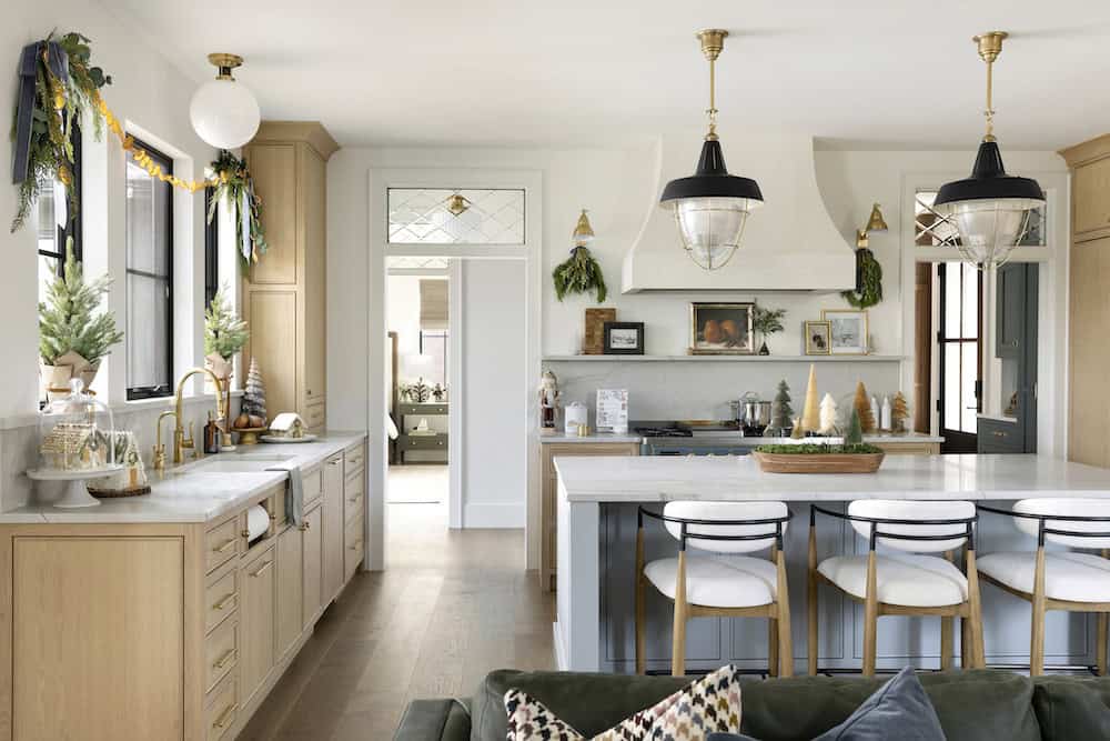 contemporary kitchen decorated for christmas
