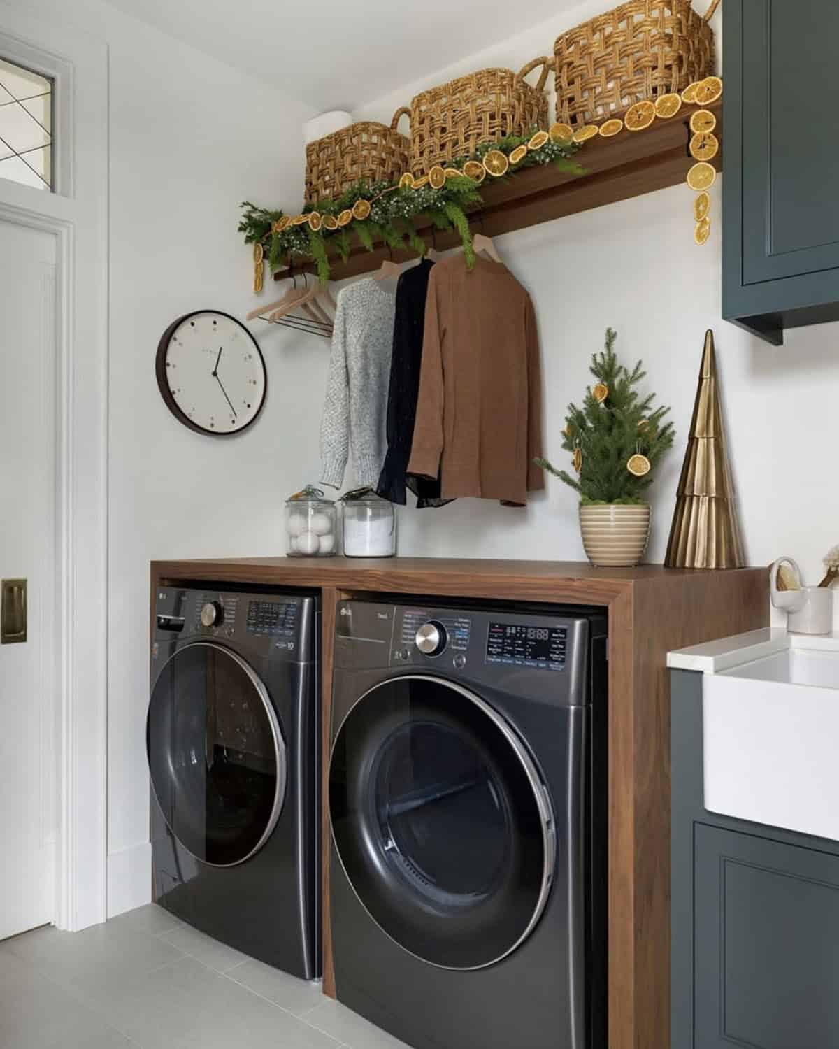 contemporary laundry room decorated for christmas