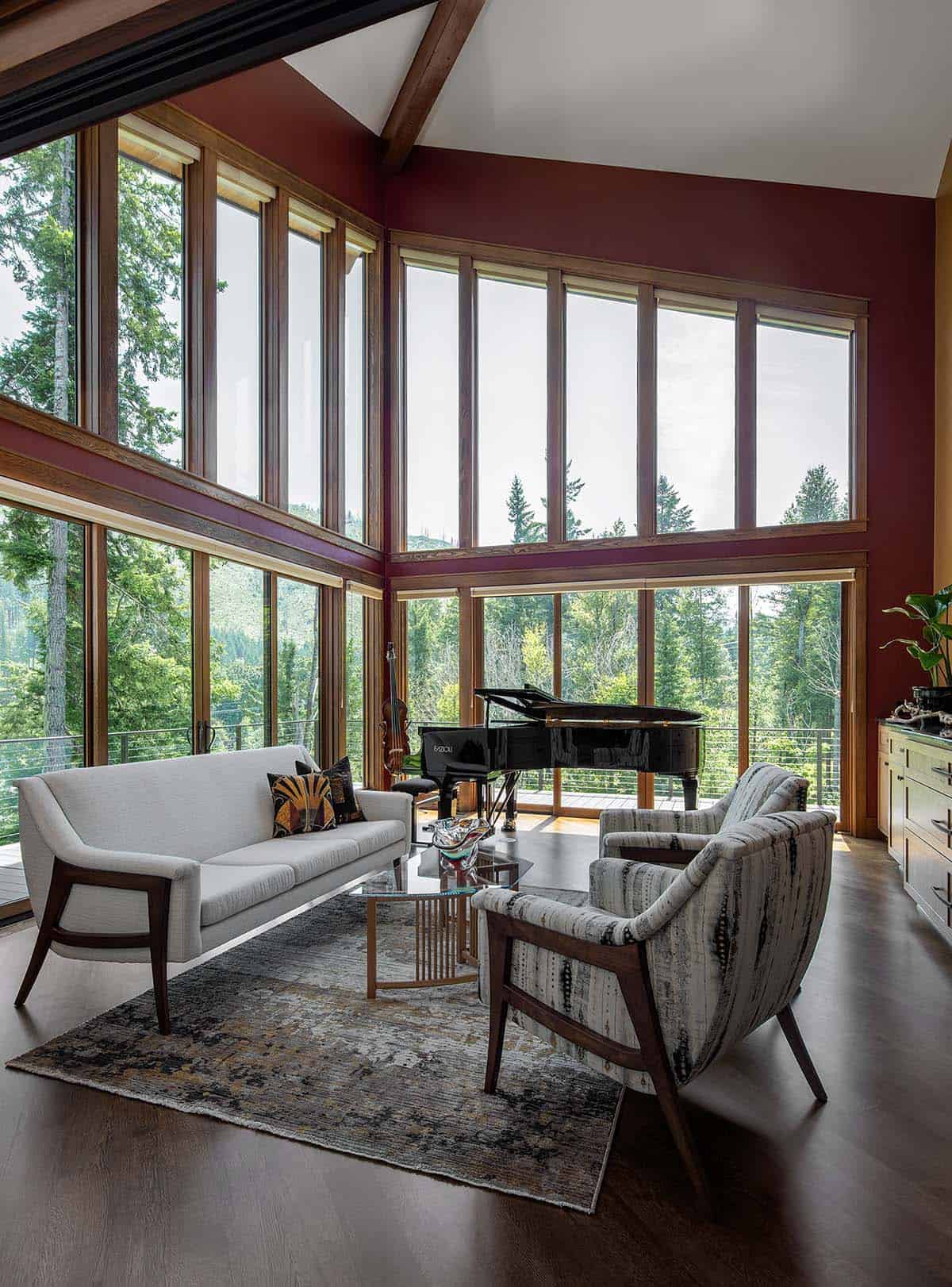 craftsman style music room with vaulted ceilings