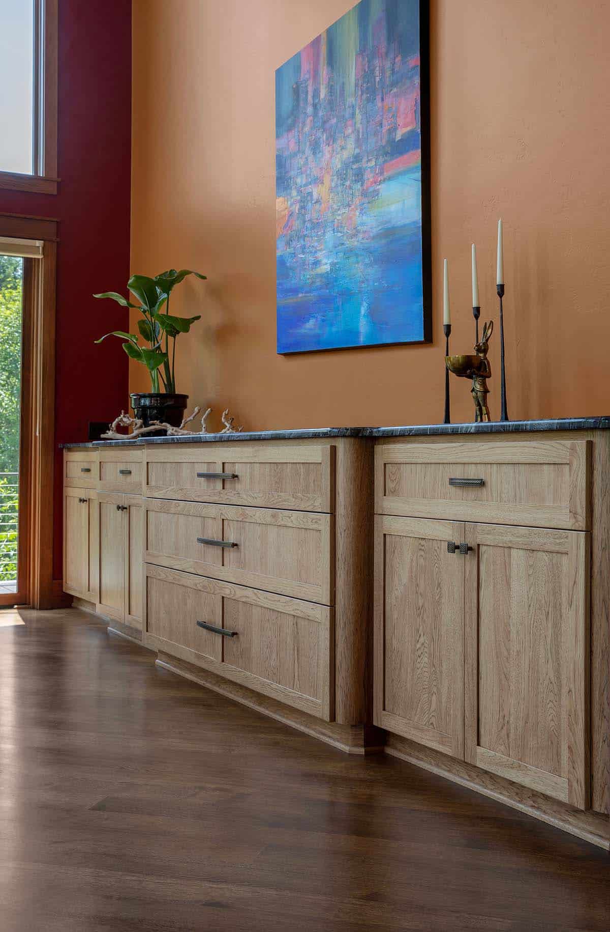 craftsman style music room with vaulted ceilings