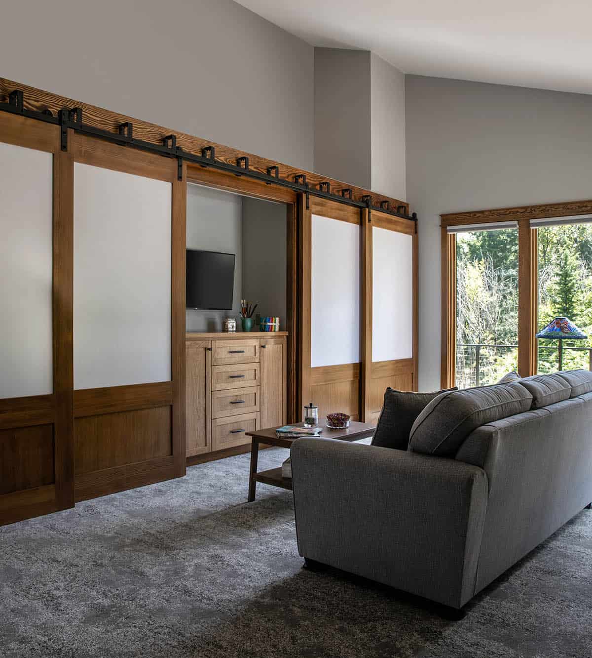 craftsman style art room with custom cabinetry