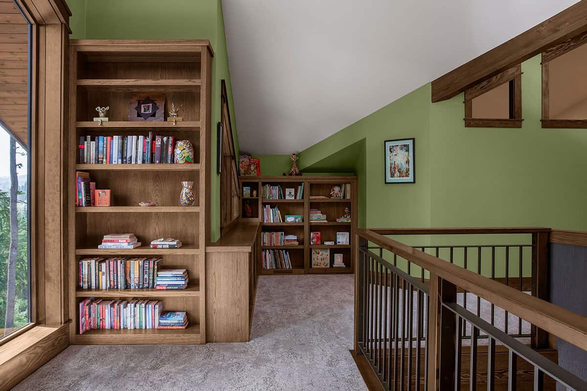 craftstman style library loft with custom heart hickory cabinetry