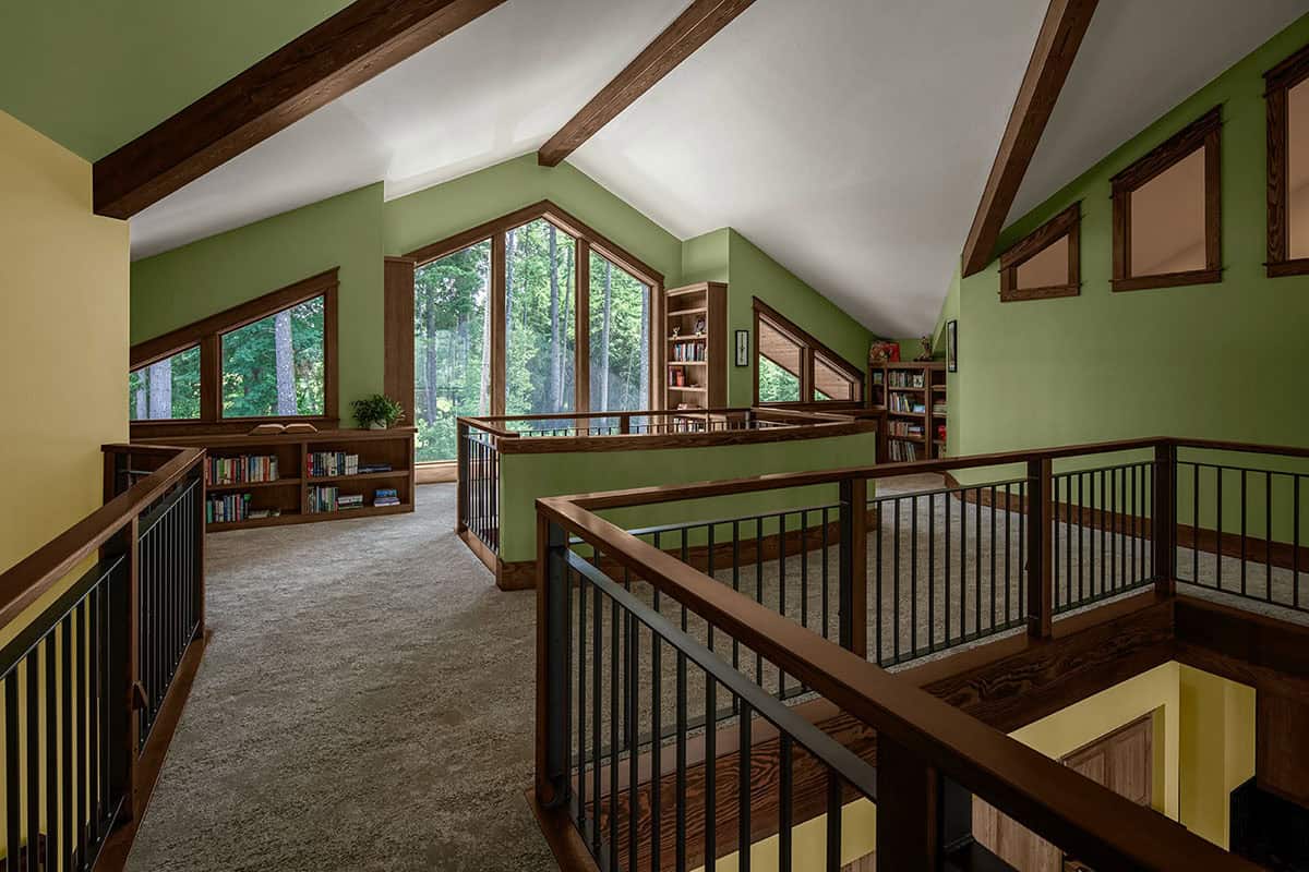 craftstman style library loft with custom heart hickory cabinetry
