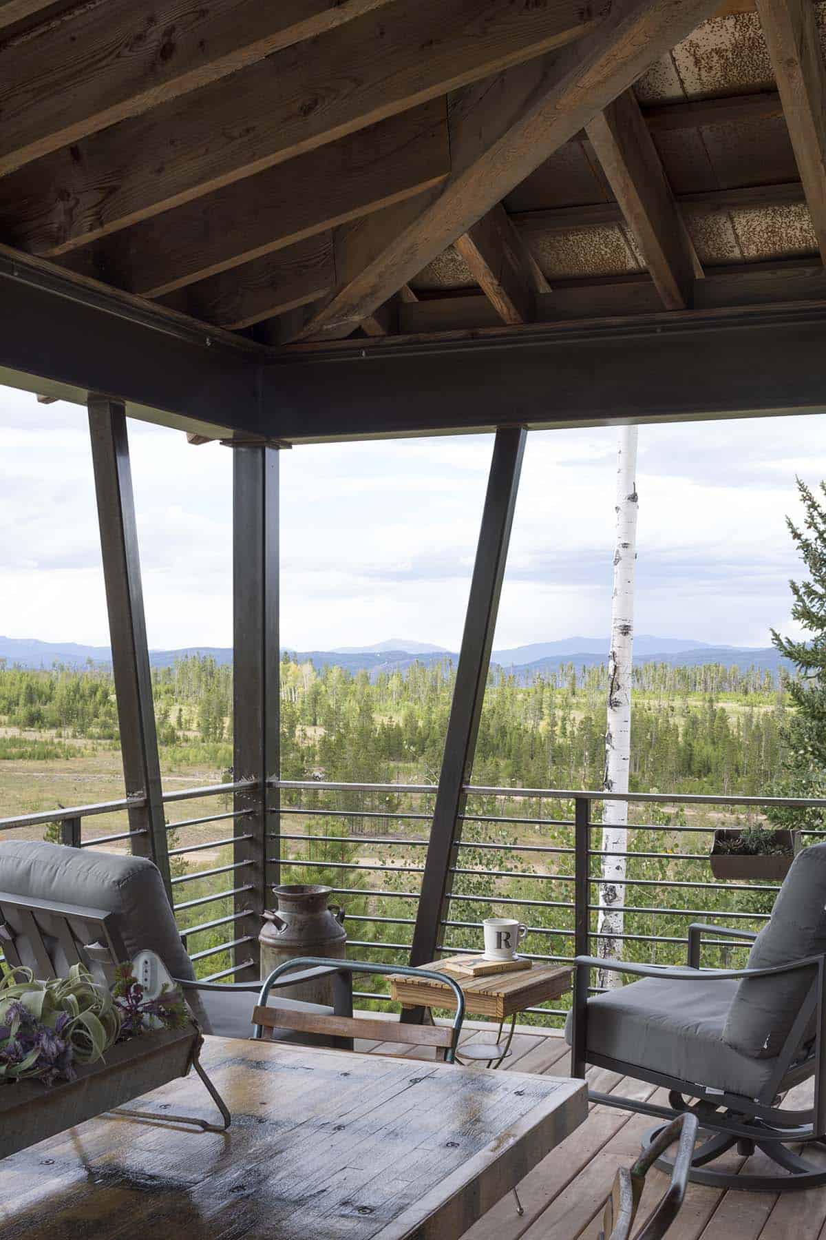rustic covered deck with outdoor furniture