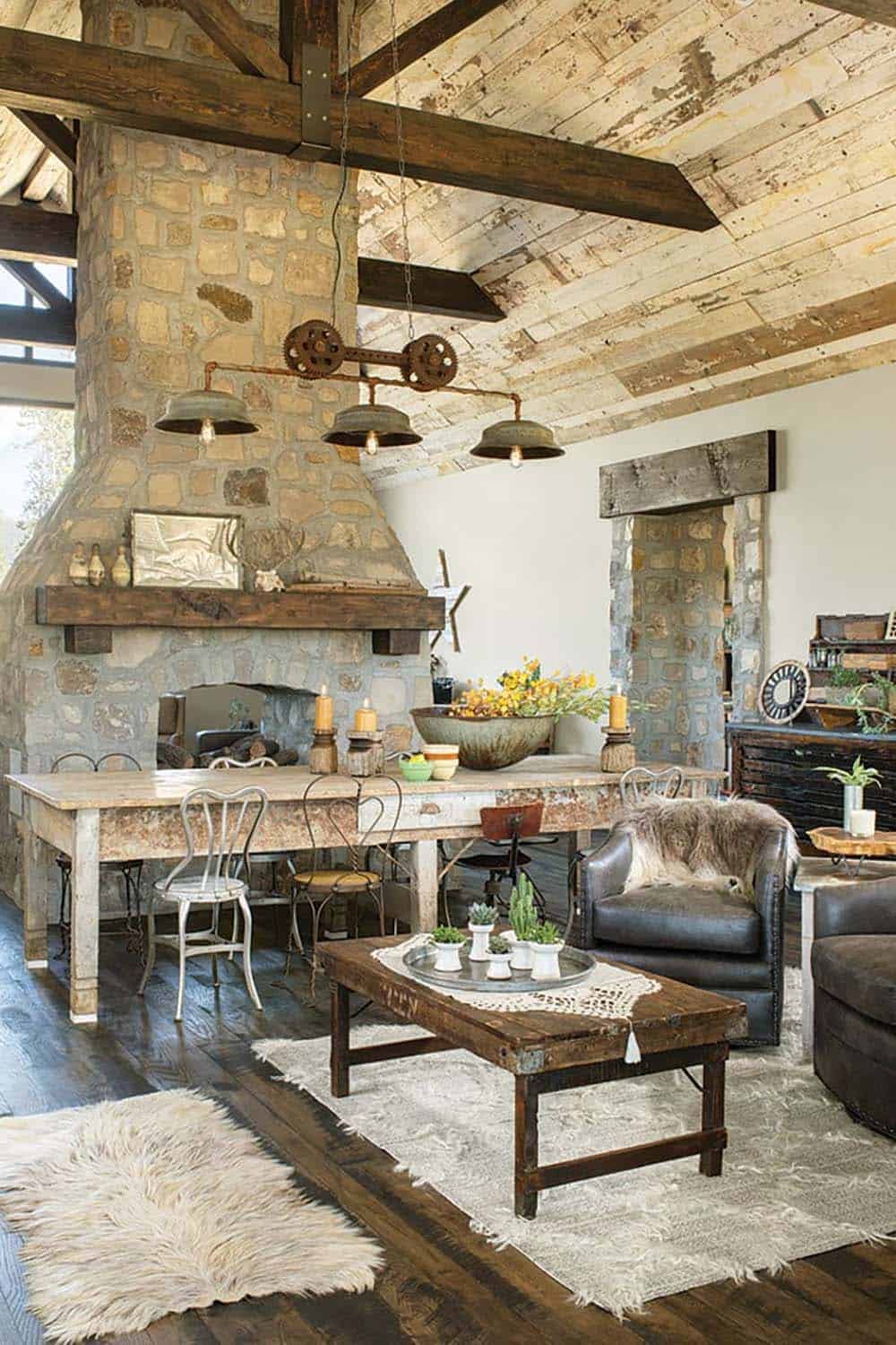 rustic dining room with a dual-sided fireplace