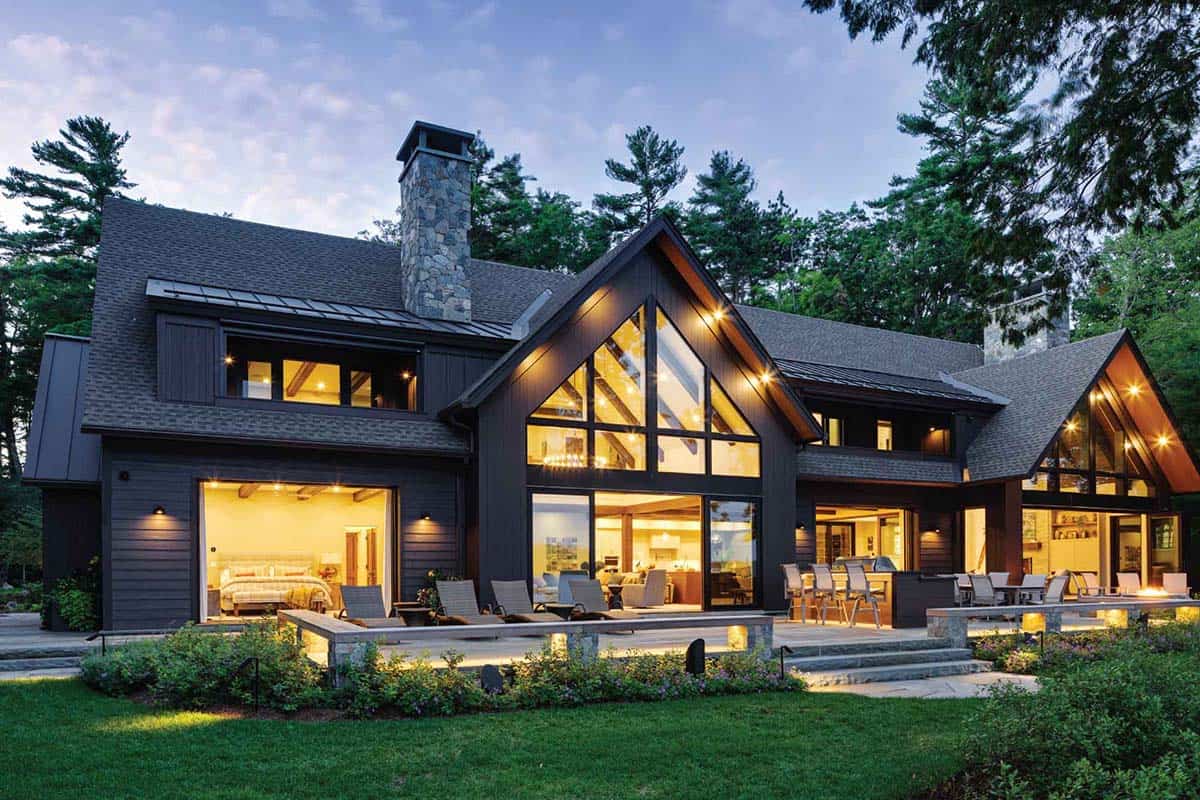 lake house exterior at dusk