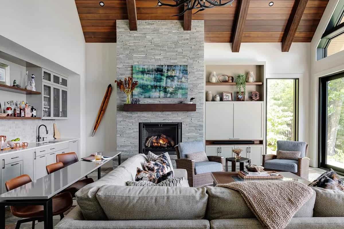 contemporary living room with a fireplace