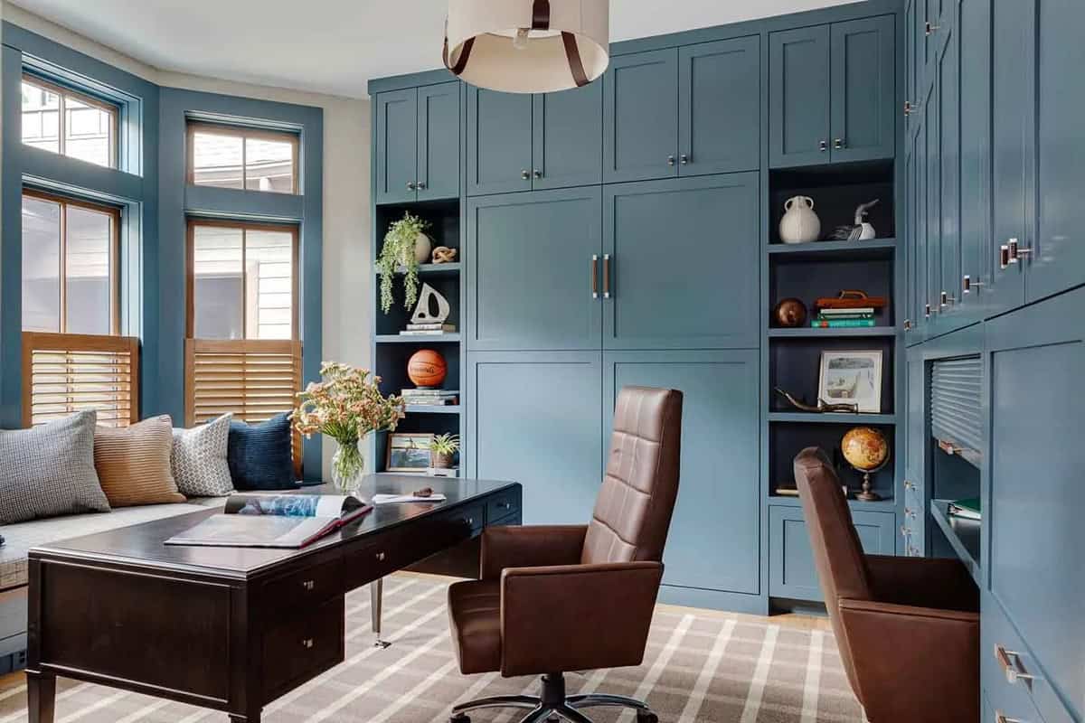 contemporary home office with blue painted walls