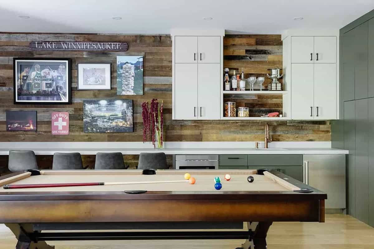 contemporary family room with a pool table